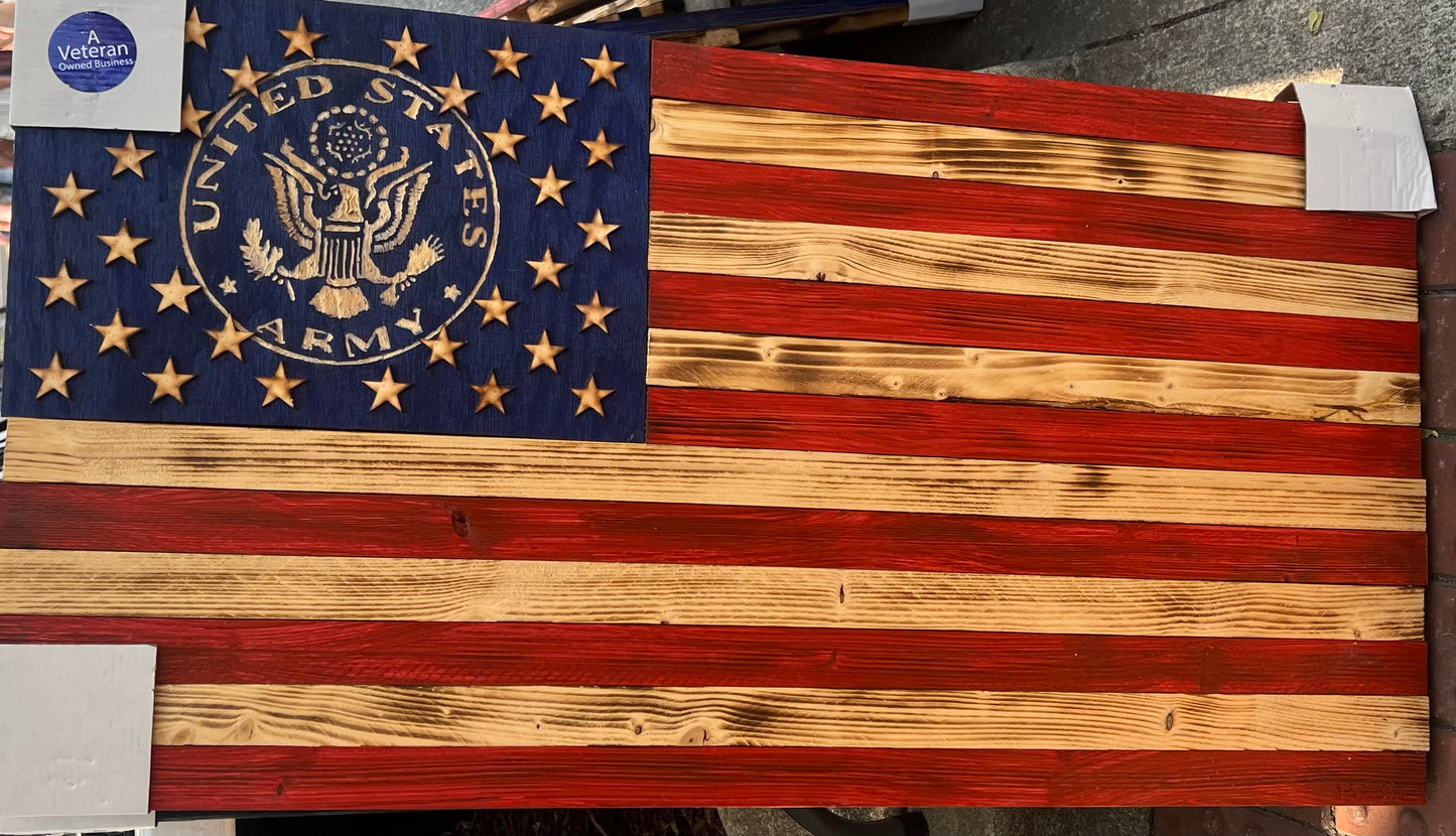ARMY WOODEN FLAG IN RED, BLUE, & BURNT WOOD.