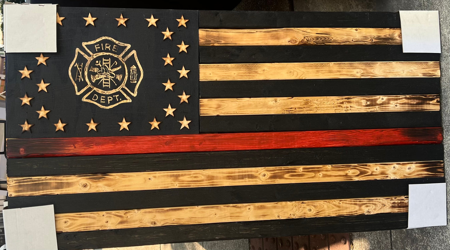 FIREMAN WOODEN FLAG -BLACK & BURNT WOOD WITH RED LINE.
