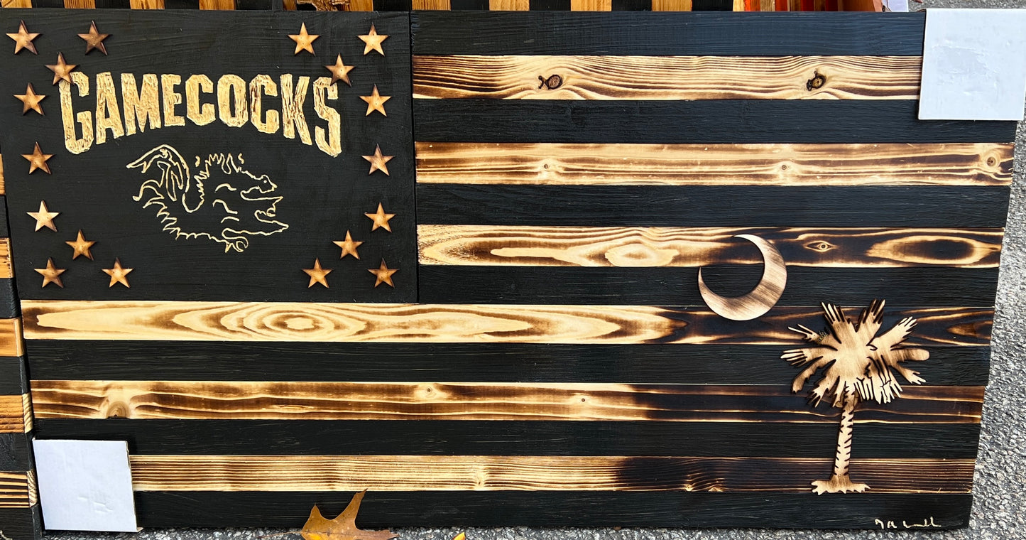 GAMECOCK WOODEN FLAG WITH PALM TREE -BLACK & BURNT WOOD