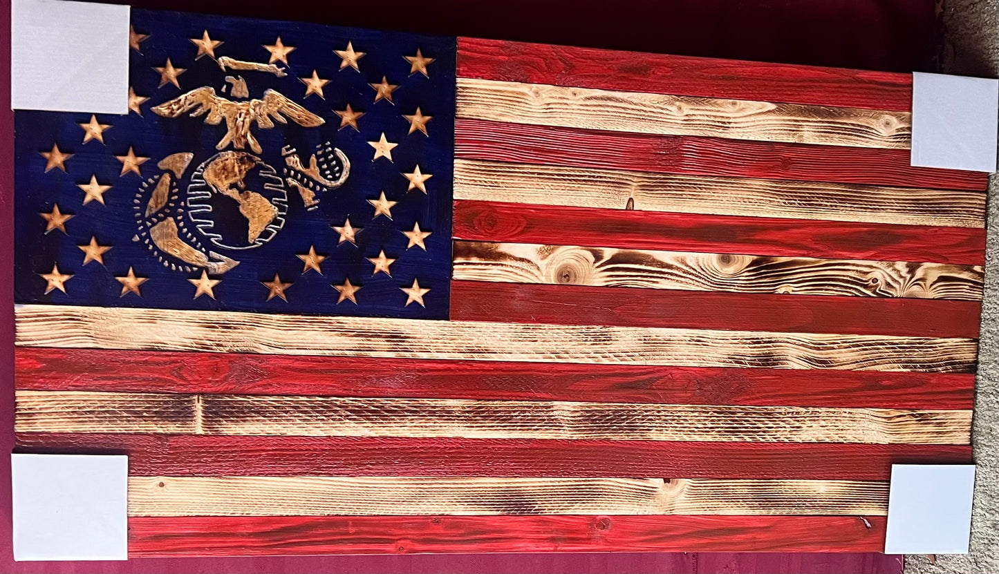 MARINE WOODEN FLAG -RED, BLUE, & BURNT WOOD