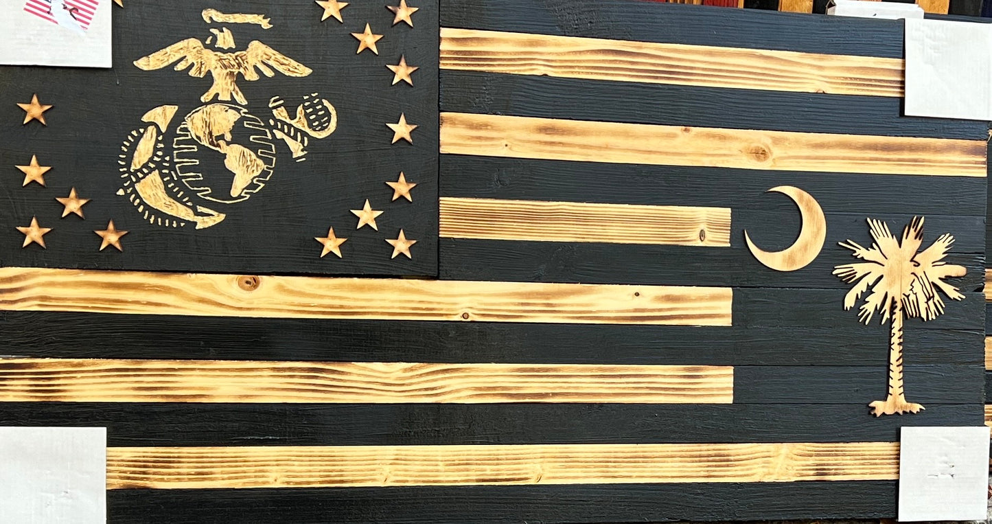MARINE WOODEN FLAG WITH PALM TREE -BLACK & BURNT WOOD