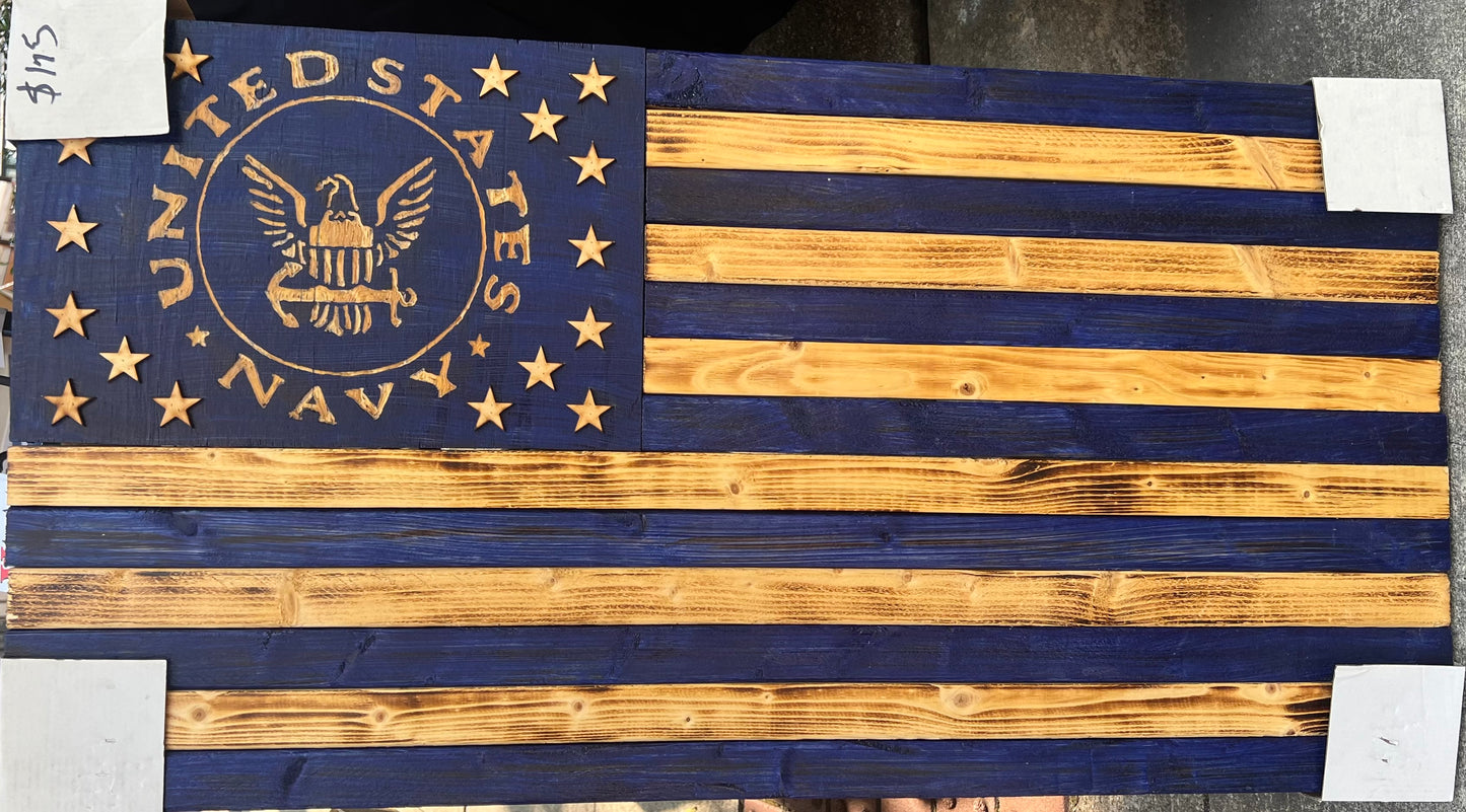NAVY WOODEN FLAG - BLUE & BURNT WOOD