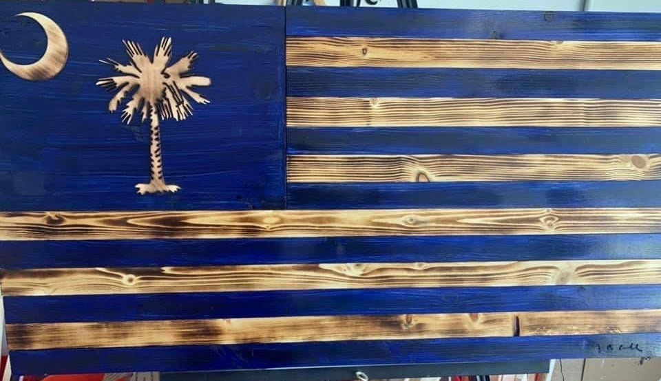 PALM TREE WOODEN FLAG -BLUE & BURNT WOOD