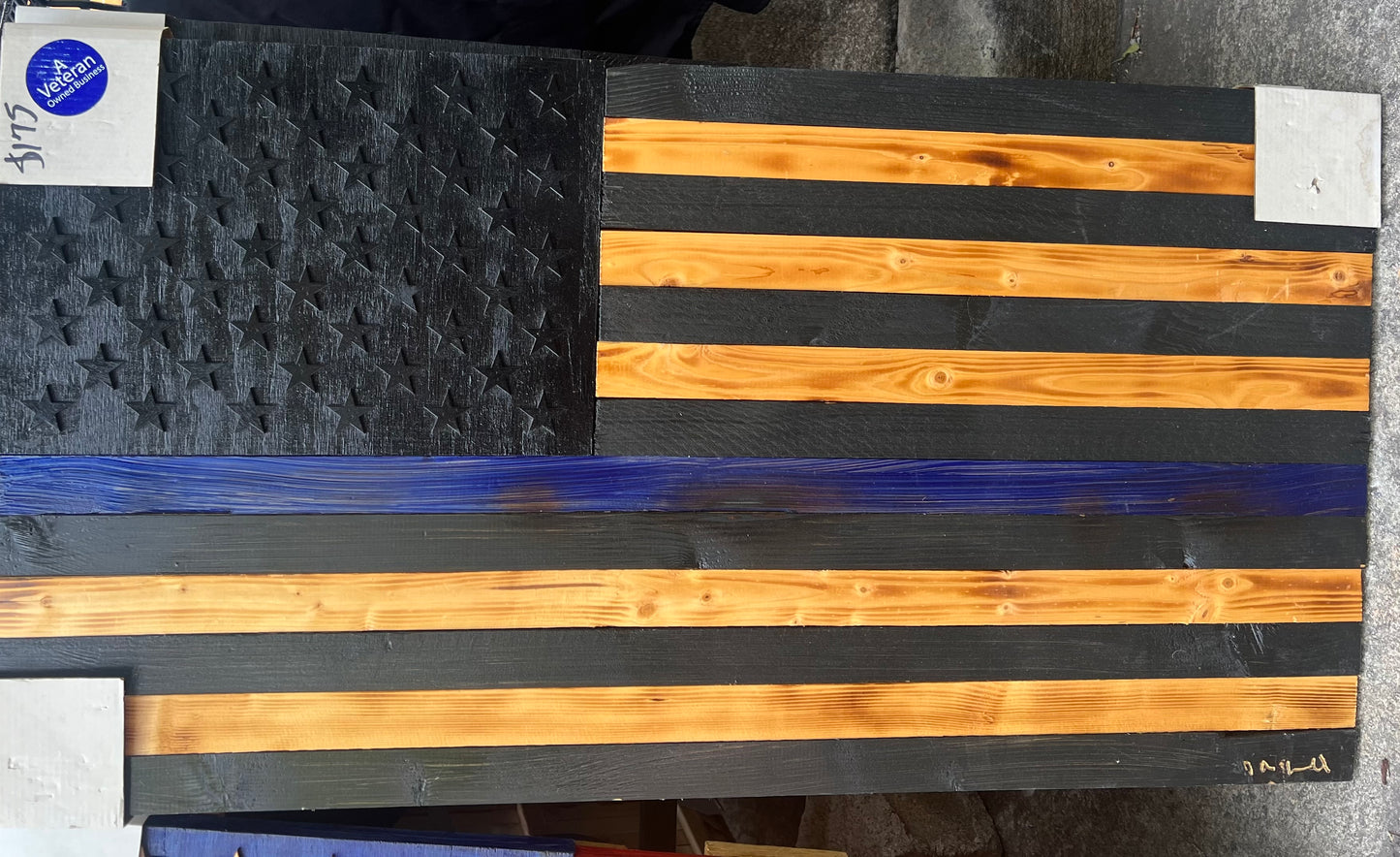 POLICE WOODEN FLAG -BLACK & BURNT WOOD WITH THIN BLUE LINE