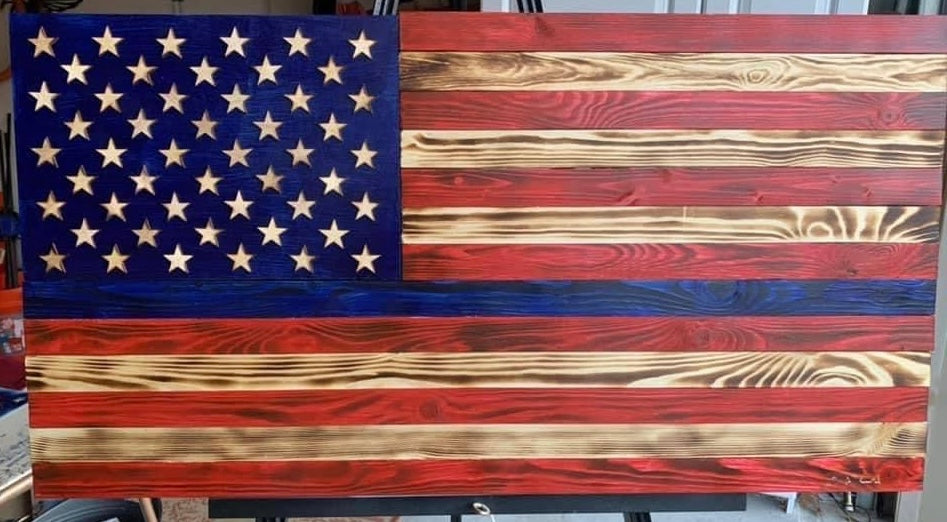 POLICE WOODEN FLAG -RED, BLUE, & BURNT WOOD WITH THIN BLUE LINE