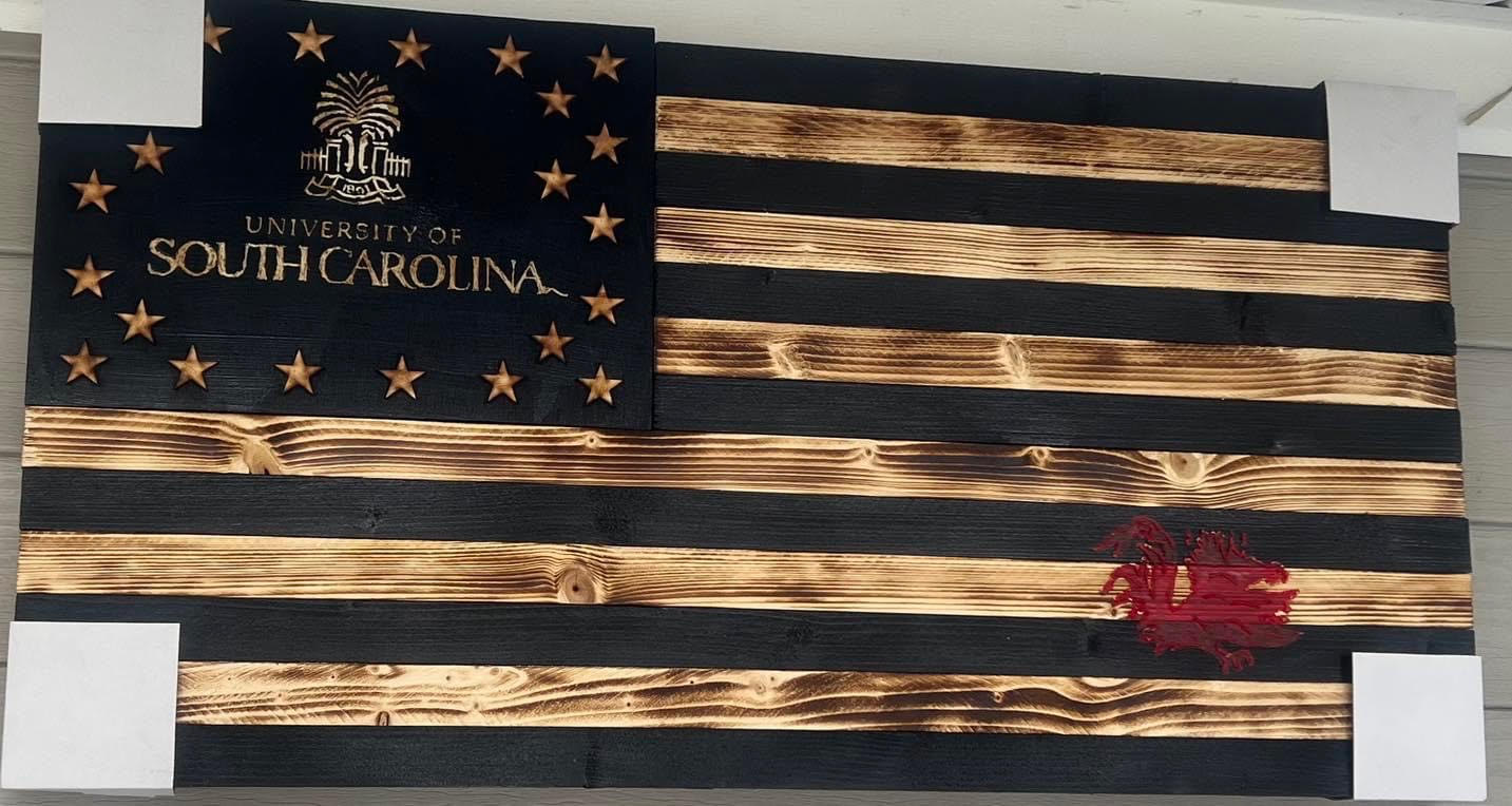 UNIVERSITY OF SOUTH CAROLINA WOODEN FLAG -BLACK & BURNT WOOD