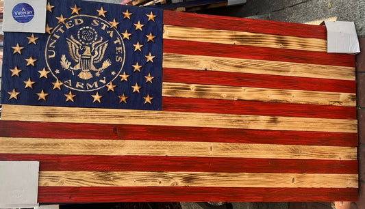 ARMY WOODEN FLAG IN RED, BLUE, & BURNT WOOD.