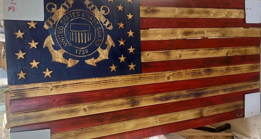 COAST GUARD WOODEN FLAG -RED, BLUE, & BURNT WOOD